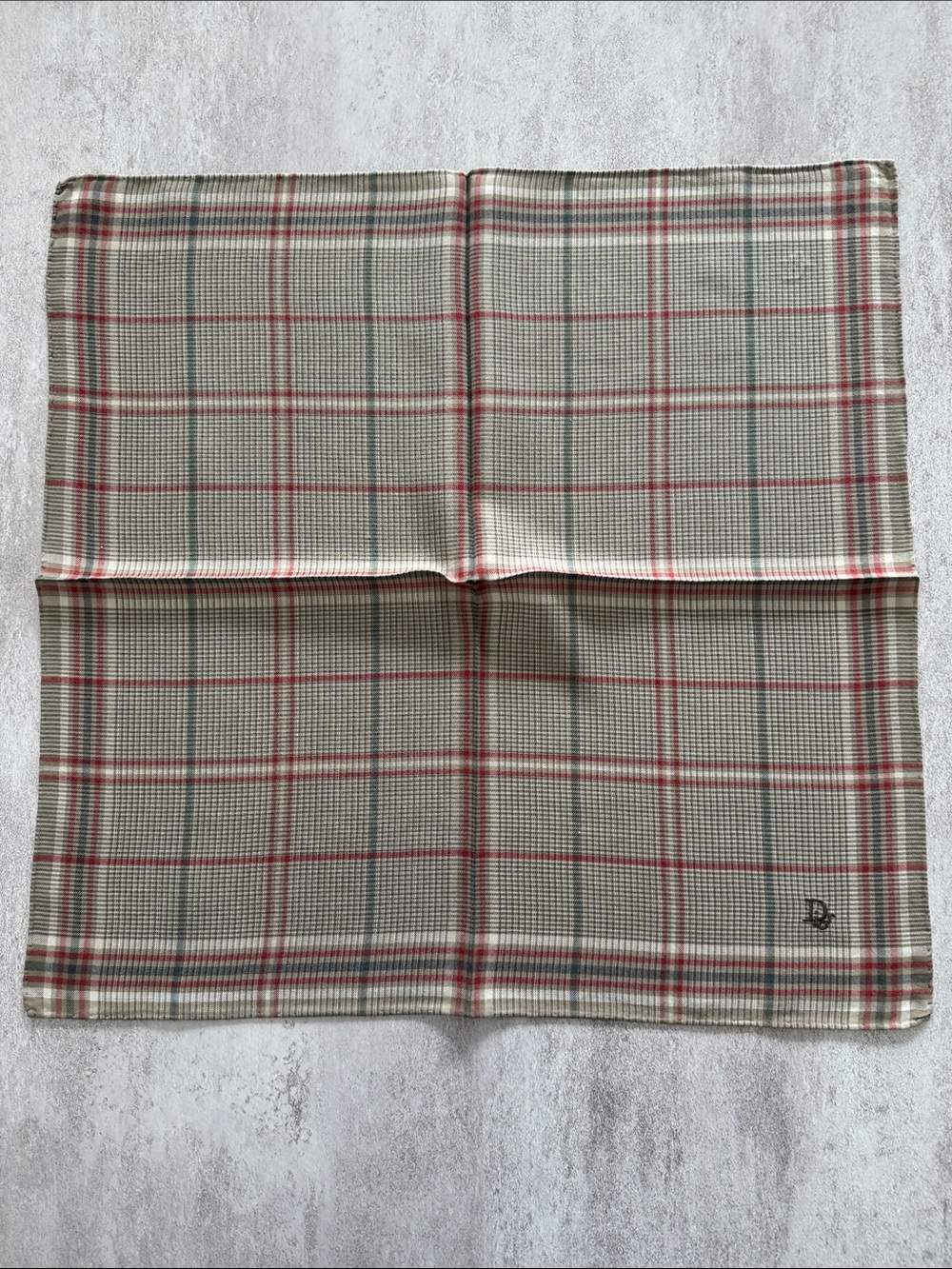 Dior Beige Plaid Pocket Square with Red and Green Accents